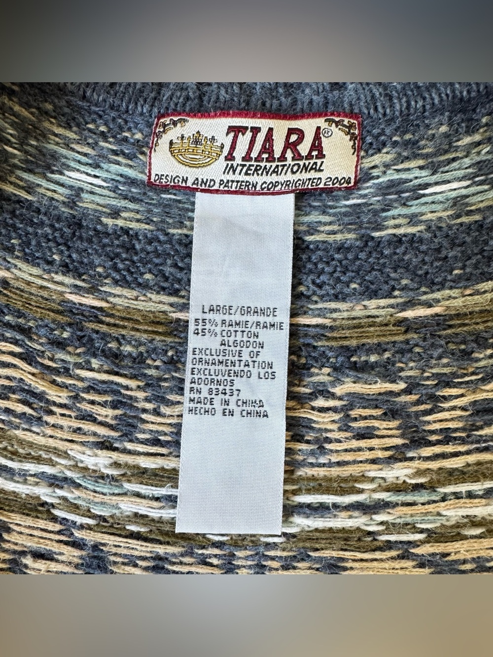Tiara International Fair Isle Full Zip Cardigan Sweater Knit Cream Navy M/L - Picture 5 of 5
